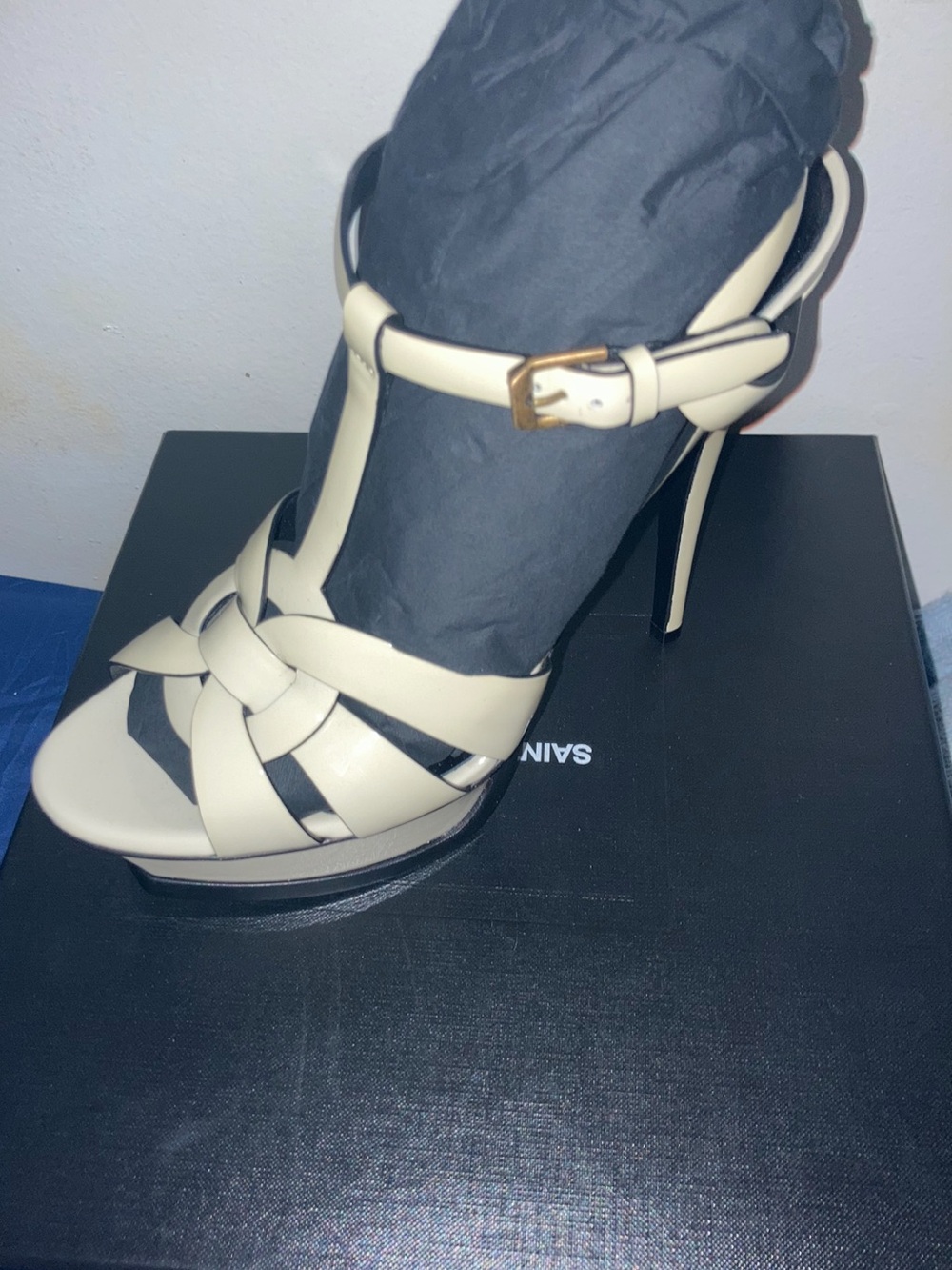 Saint Laurent tributes Cream Strappy Stiletto Sandals